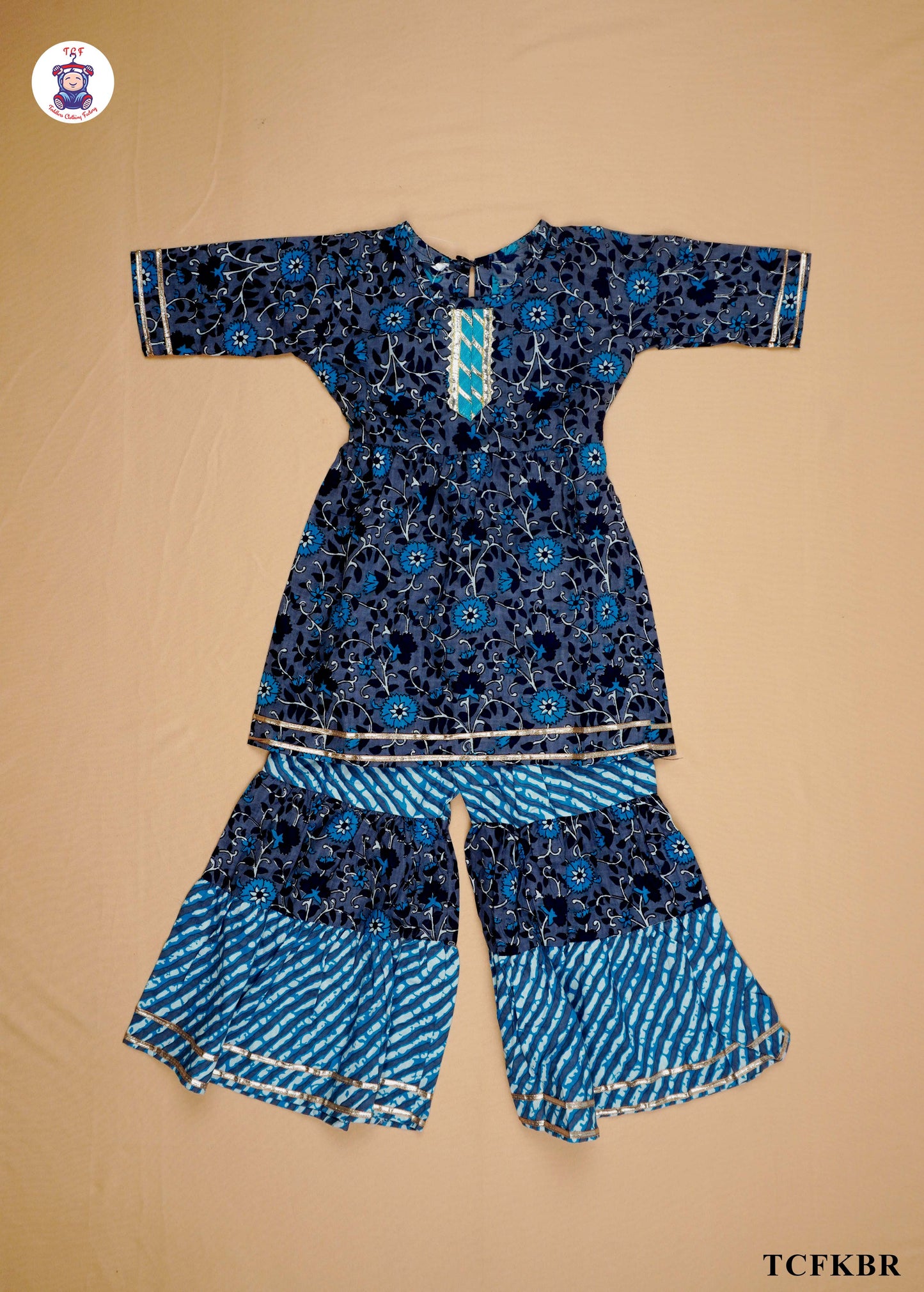 Steel Blue - Floral Printed A-Line Kurti Set
