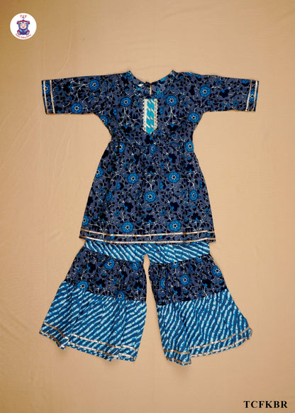 Steel Blue - Floral Printed A-Line Kurti Set
