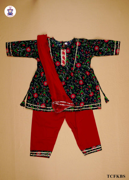 Dark Blue & Red - Floral Printed Umbrella Kurti Set with Dupatta