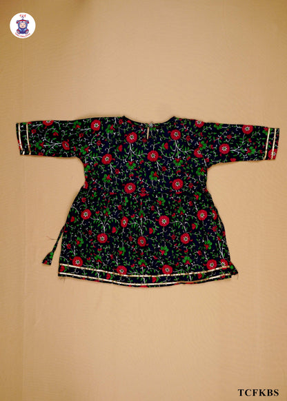 Dark Blue & Red - Floral Printed Umbrella Kurti Set with Dupatta