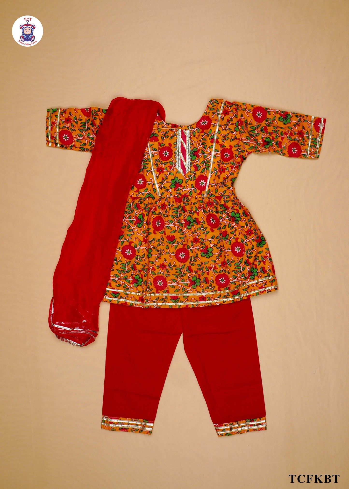 Tangerine & Red - Floral Printed Umbrella Kurti Set with Dupatta