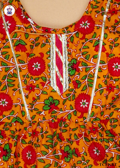 Tangerine & Red - Floral Printed Umbrella Kurti Set with Dupatta