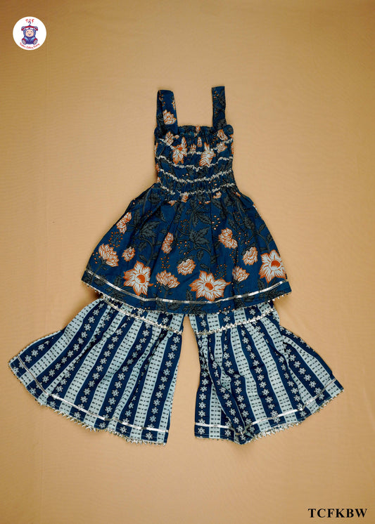 Prussian Blue - Floral Printed Sleeveless A-Line Kurti Set