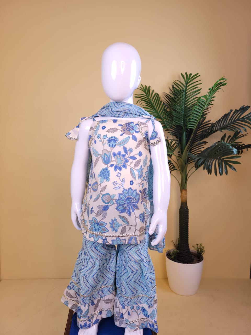 Columbia Blue & White - Floral Printed A-Line Kurti Set with Dupatta
