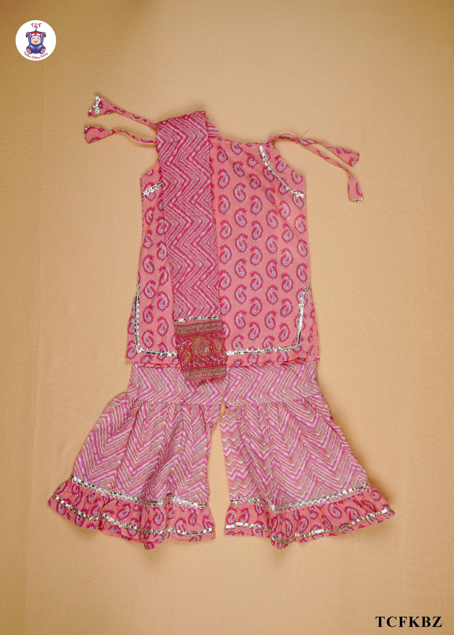 Pink Orange - Sleeveless Lace Top A-Line Kurti Set with Dupatta