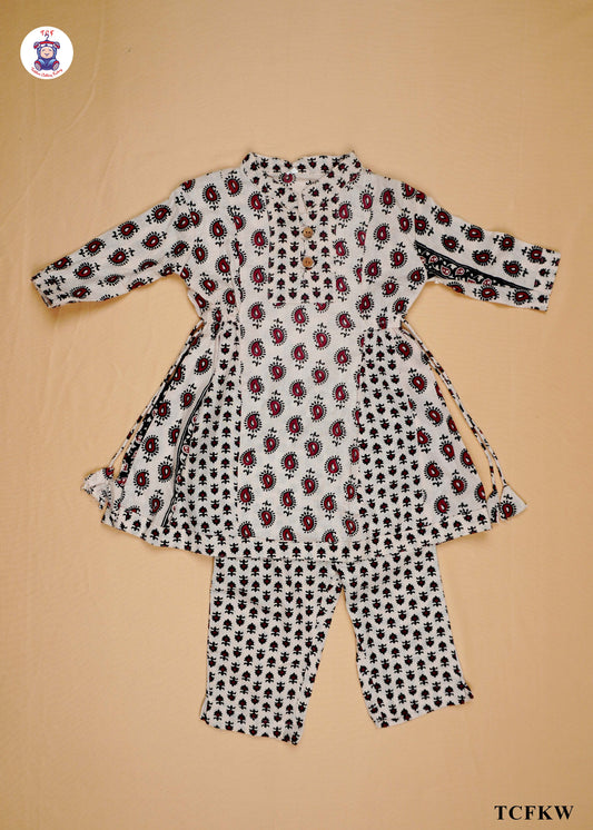 Cream & Maroon - Printed Umbrella Kurti Set