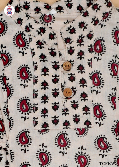 Cream & Maroon - Printed Umbrella Kurti Set