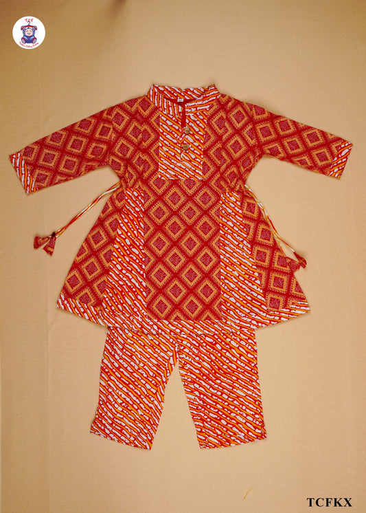 Mahogany & Orange - Printed Umbrella Kurti Set