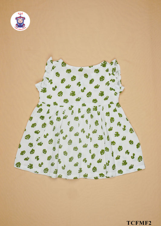 White & Green Flower - Girls Readymade Muslin Frocks