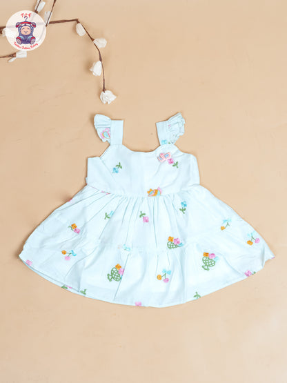 Sky Blue - Girls Cotton Embroidered Frocks