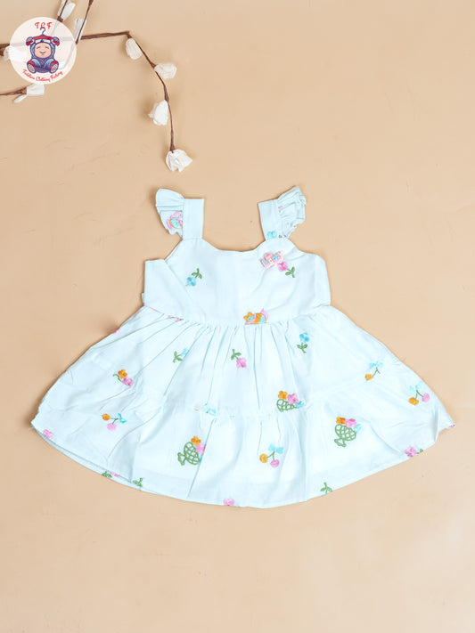 Sky Blue - Girls Cotton Embroidered Frocks