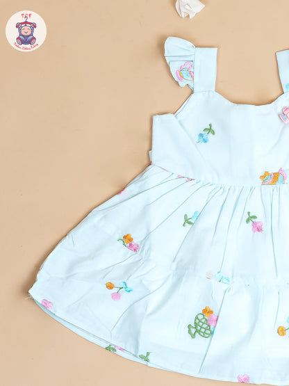Sky Blue - Girls Cotton Embroidered Frocks