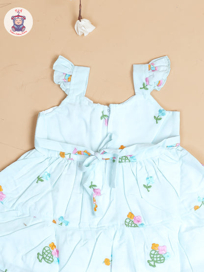 Sky Blue - Girls Cotton Embroidered Frocks