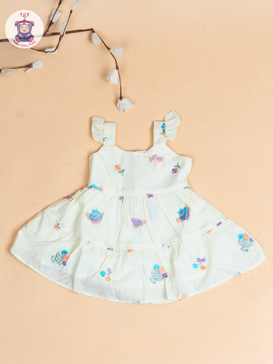 Light Green - Girls Cotton Embroidered Frocks