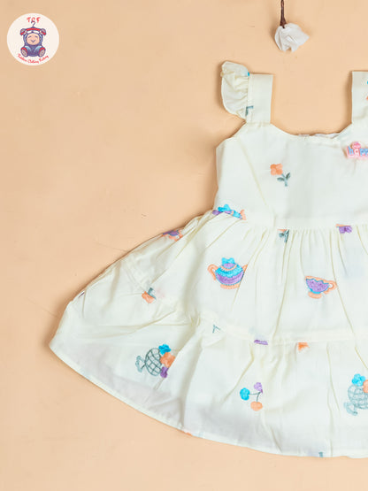 Light Green - Girls Cotton Embroidered Frocks