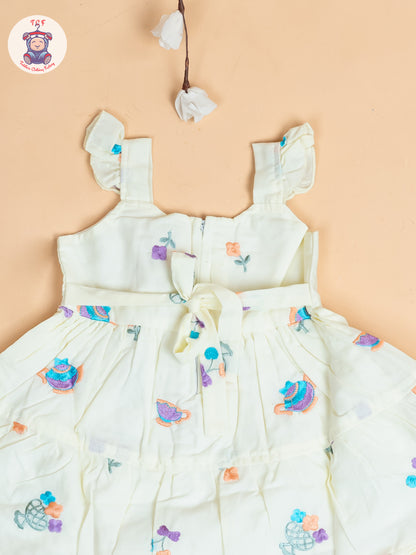 Light Green - Girls Cotton Embroidered Frocks