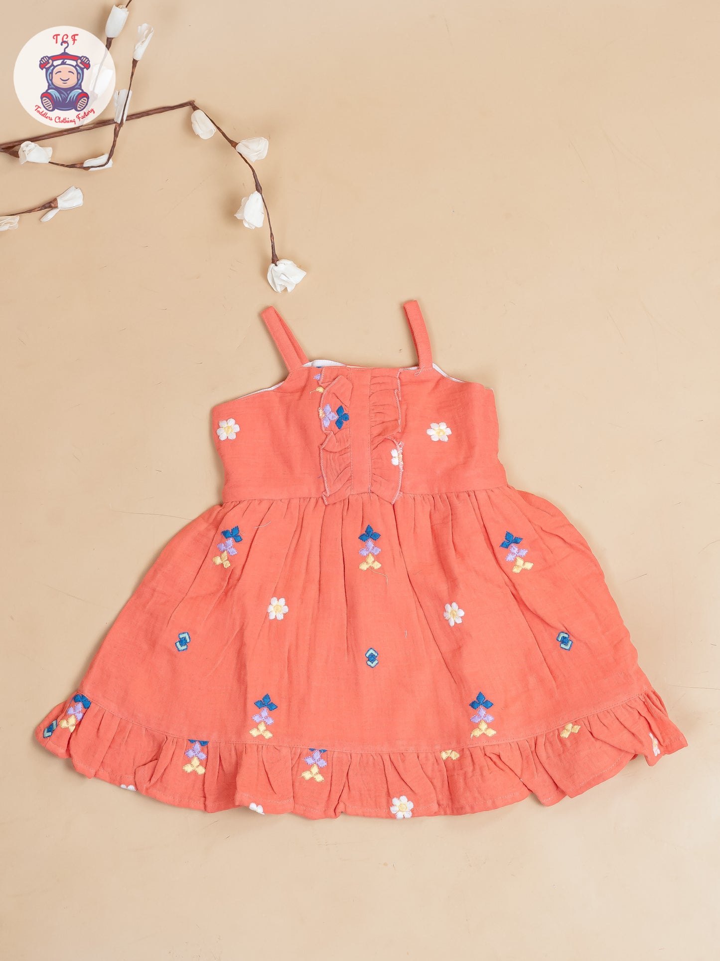 Rust Orange - Girls Muslin Cotton Embroidered Frocks