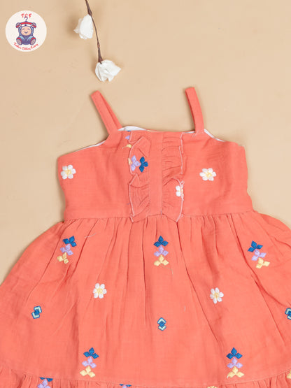 Rust Orange - Girls Muslin Cotton Embroidered Frocks