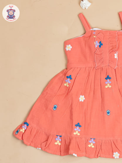 Rust Orange - Girls Muslin Cotton Embroidered Frocks