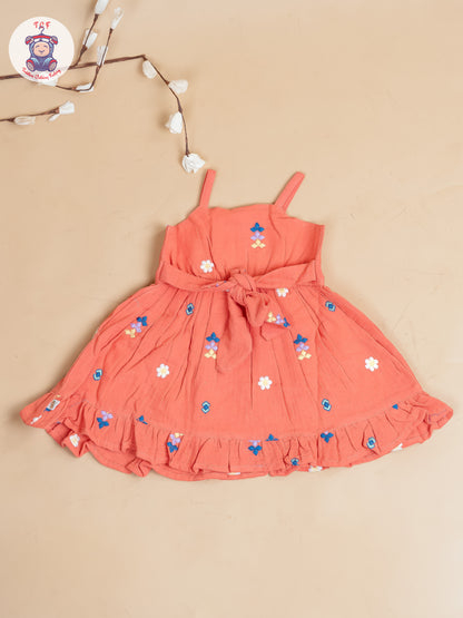 Rust Orange - Girls Muslin Cotton Embroidered Frocks