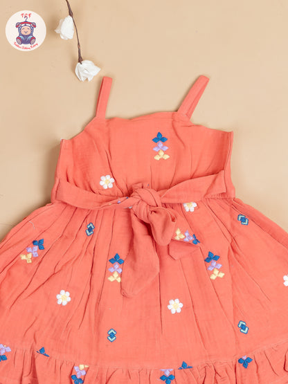 Rust Orange - Girls Muslin Cotton Embroidered Frocks
