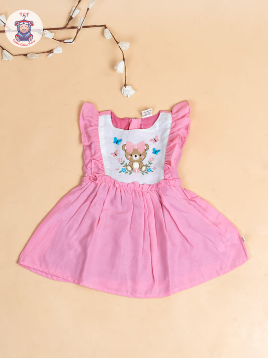 Pink - Girls Teddy Cotton Embroidered Frocks