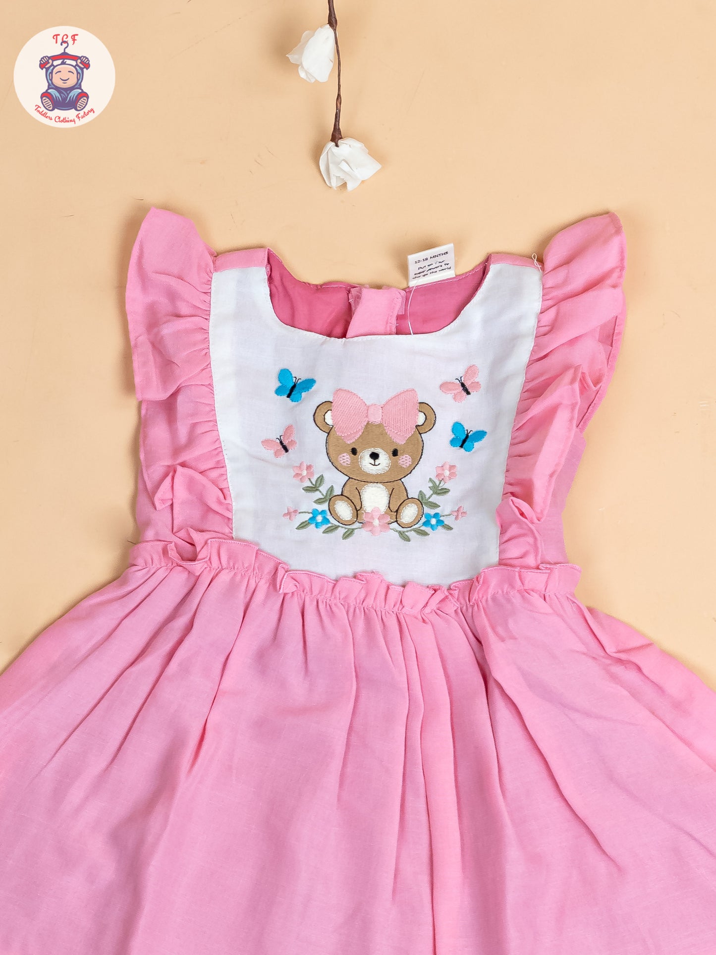 Pink - Girls Teddy Cotton Embroidered Frocks