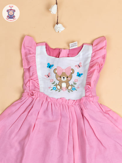 Pink - Girls Teddy Cotton Embroidered Frocks