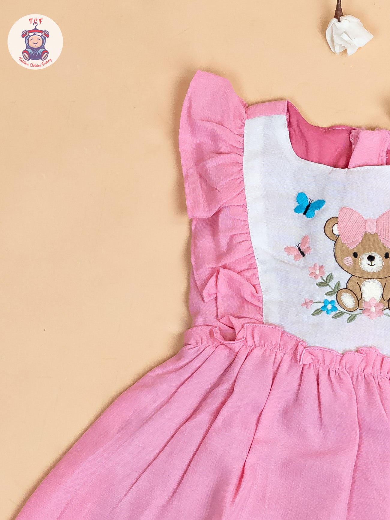 Pink - Girls Teddy Cotton Embroidered Frocks