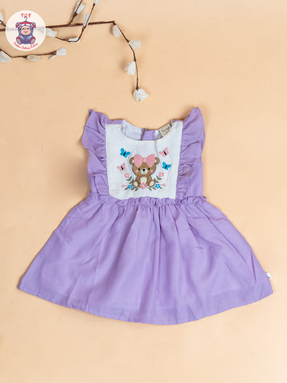 Purple - Girls Teddy Cotton Embroidered Frocks