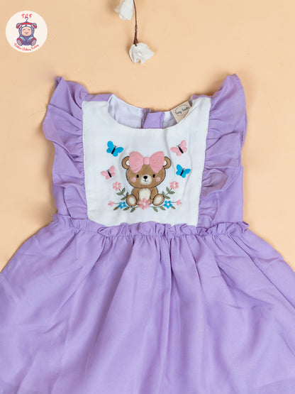 Purple - Girls Teddy Cotton Embroidered Frocks