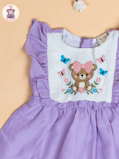 Purple - Girls Teddy Cotton Embroidered Frocks