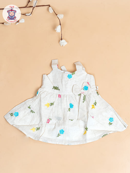 Cream - Girls Cotton Embroidered Frocks
