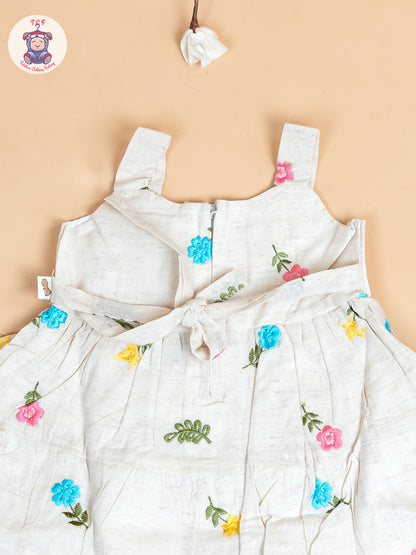 Cream - Girls Cotton Embroidered Frocks