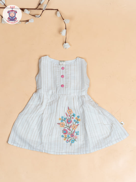 Cream - Girls Khadi Striped Cotton Frocks