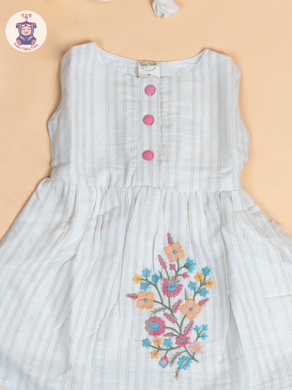 Cream - Girls Khadi Striped Cotton Frocks