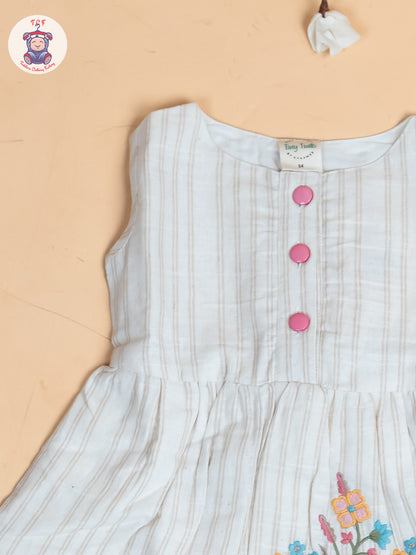 Cream - Girls Khadi Striped Cotton Frocks