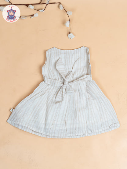 Cream - Girls Khadi Striped Cotton Frocks