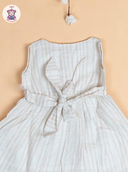 Cream - Girls Khadi Striped Cotton Frocks