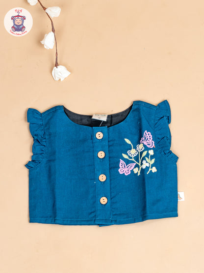 Navy Blue - Girls Cotton Embroidered Top & Shorts
