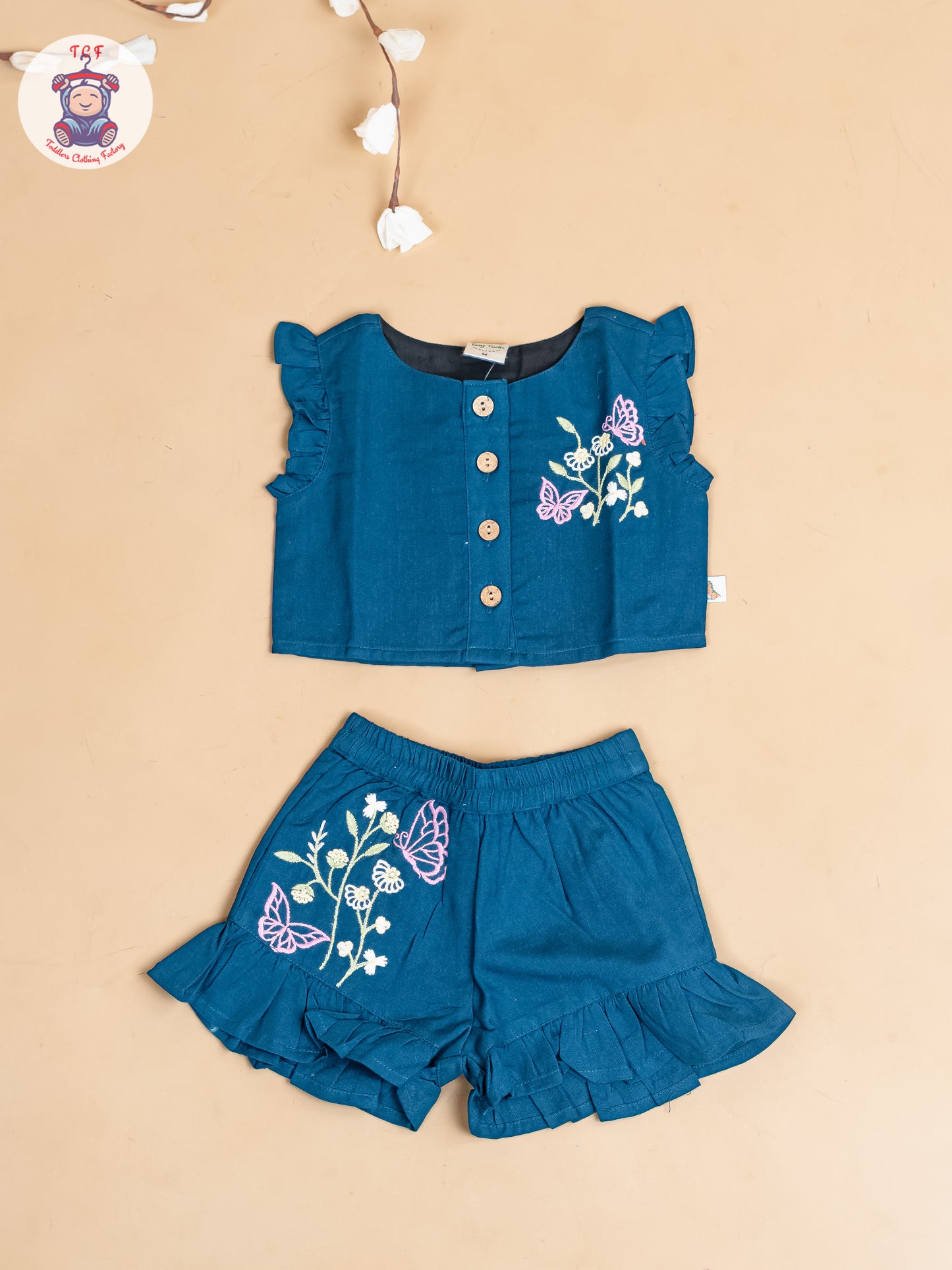 Navy Blue - Girls Cotton Embroidered Top & Shorts