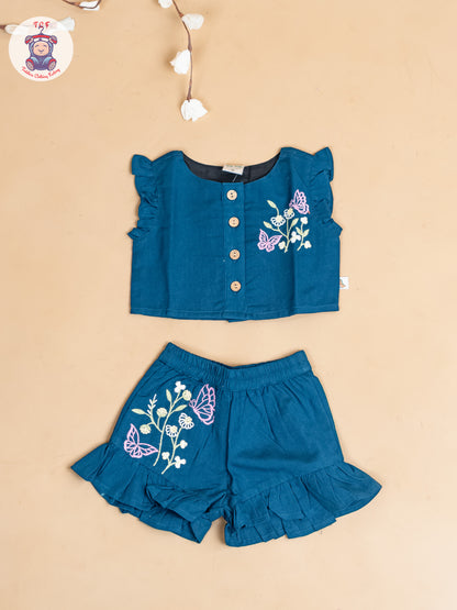 Navy Blue - Girls Cotton Embroidered Top & Shorts