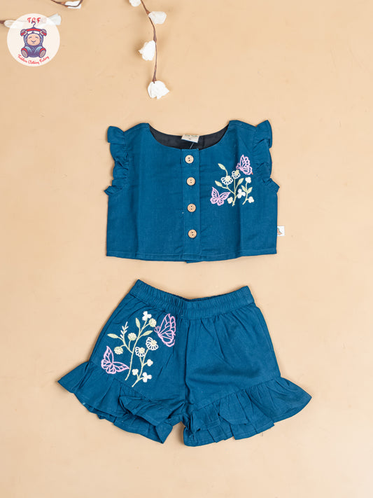 Navy Blue - Girls Cotton Embroidered Top & Shorts