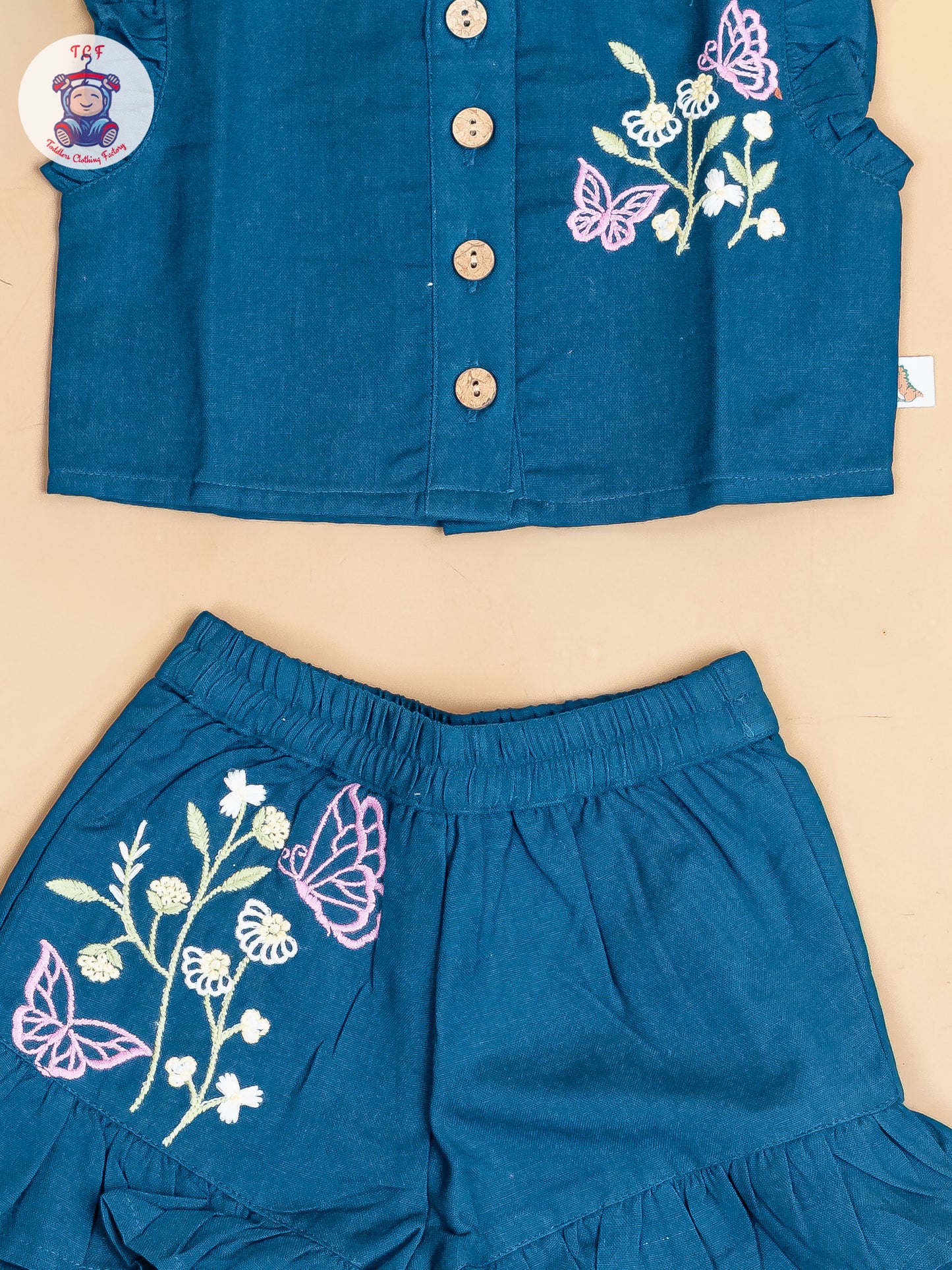 Navy Blue - Girls Cotton Embroidered Top & Shorts