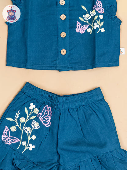 Navy Blue - Girls Cotton Embroidered Top & Shorts