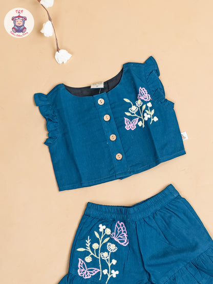 Navy Blue - Girls Cotton Embroidered Top & Shorts