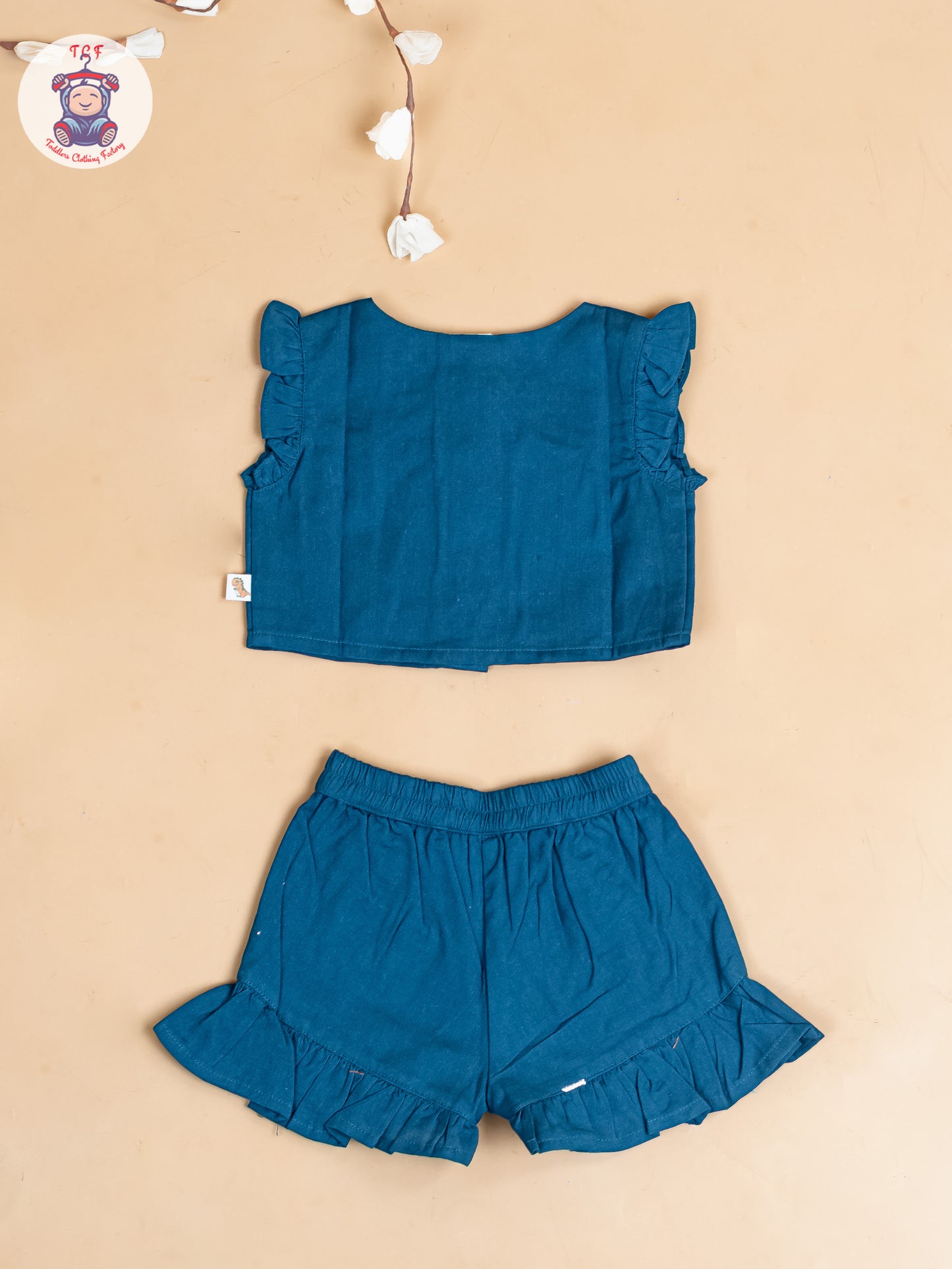 Navy Blue - Girls Cotton Embroidered Top & Shorts
