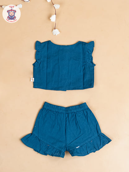 Navy Blue - Girls Cotton Embroidered Top & Shorts