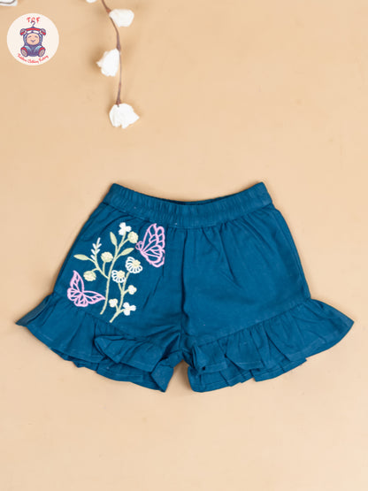 Navy Blue - Girls Cotton Embroidered Top & Shorts