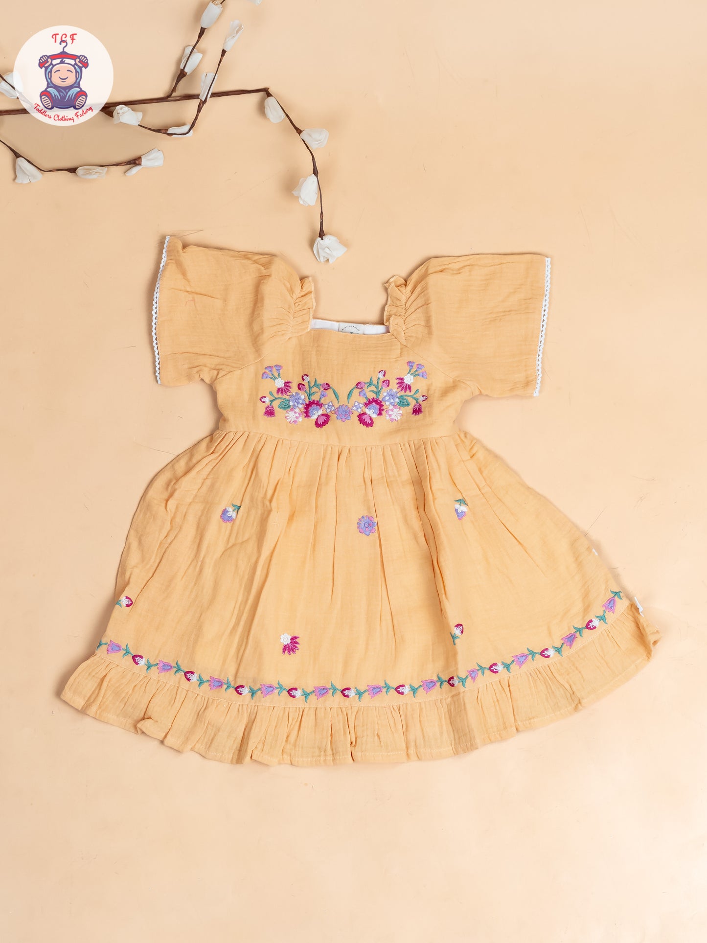 Orange - Girls Wrinkled Cotton Embroidered Frocks